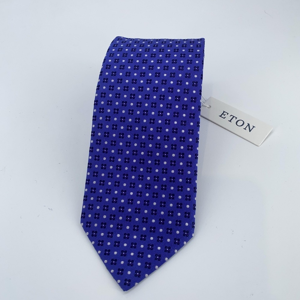 Eton Silk Tie Mens One Size Blue Geometric Dot Floral Pattern Necktie England